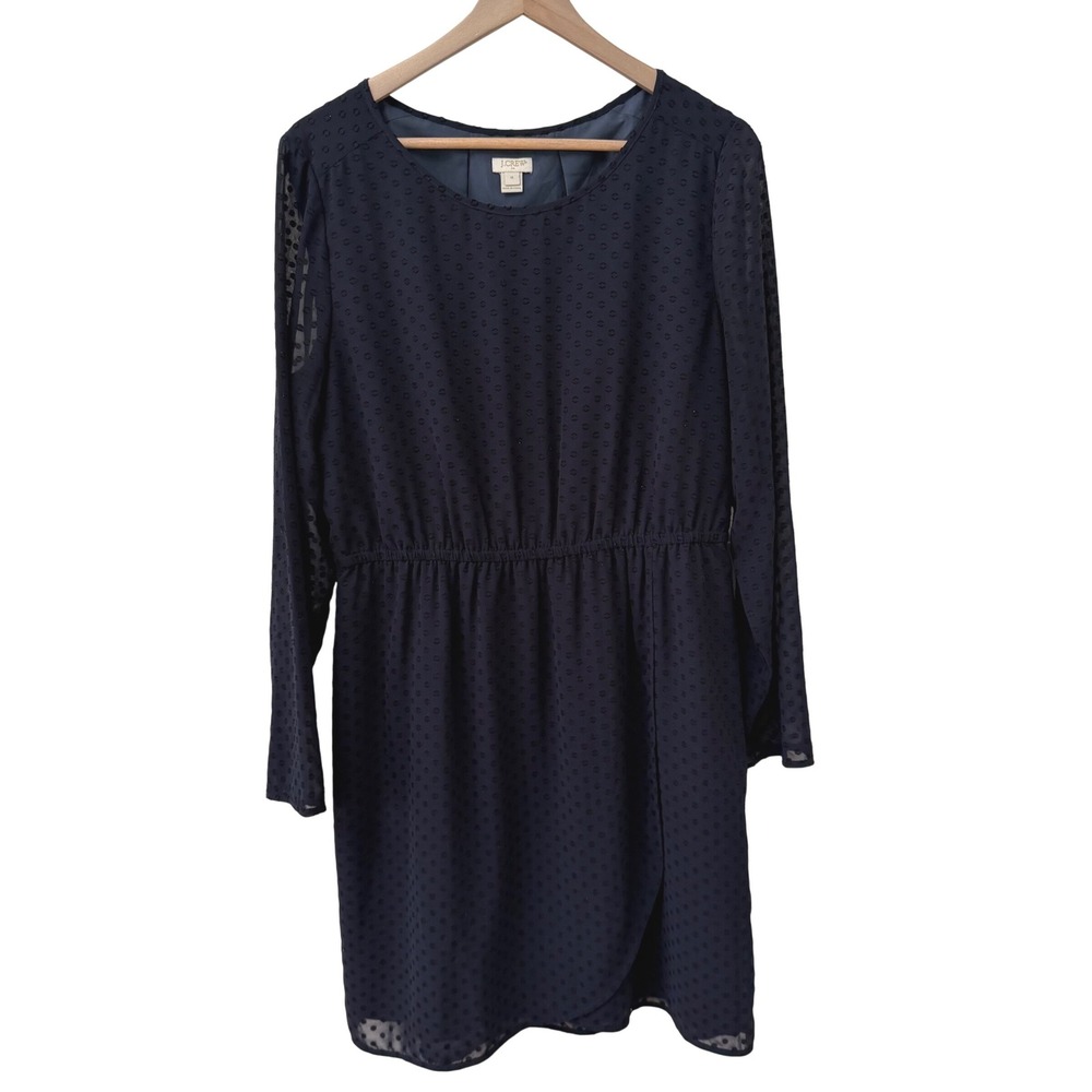 J.Crew Dress 14‎ Navy Blue Clip Dot Long Sleeve Elastic Waist Wrap Skirt